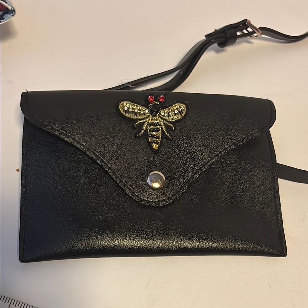 Black Faux Leather Bee Embellished Women's Belt Bag Fun and Stylish